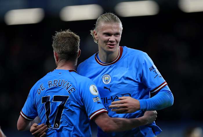 Manchester City teammates Kevin De Bruyne (left) and Erling Haaland (right) pictured together in January 2023